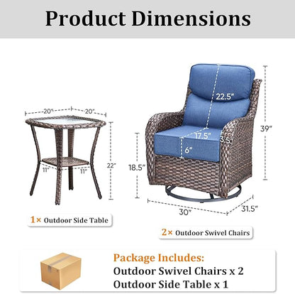 Luxury Outdoor Swivel Rocker Patio Chairs Set of 3, High Back Swivel Patio Chairs with Side Table & 6-Inch Thick Cushions, Wicker Outdoor Bistro Set for Porch, Yard, Deck, Poolside, Brown/Blue