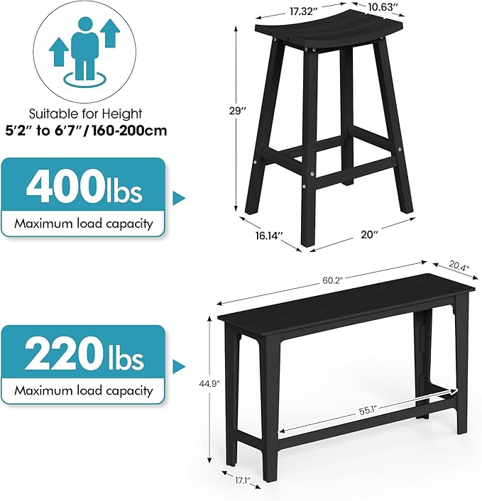 Ciokea 5 Pcs Outdoor Bar Height Table and Stools Set, 60" Extra Long Rectangle High Top Table and 4 Backless Bar Stools - Photo 3