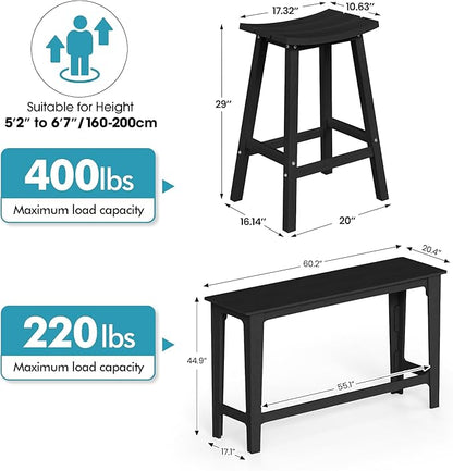 Ciokea 5 Pcs Outdoor Bar Height Table and Stools Set, 60" Extra Long Rectangle High Top Table and 4 Backless Bar Stools, Heavy-Duty All-Weather HDPE Patio Bar Set for Backyard Balcony Deck, Black