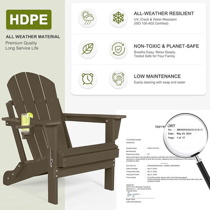 Folding Adirondack Chairs - Plastic Adirondack Chairs with Cup Holder, Weather Resistant for Outdoor, Patio, Lawn, Garden, Backyard Deck, Fire Pit - Dark Brown