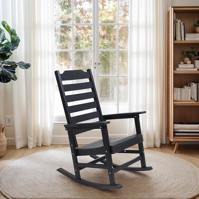 Rocking Chair Set of 2,All Weather Courtyard for Outside Balcony Gardens，High Back Outdoor Rocking Chair with 360lbs，Black