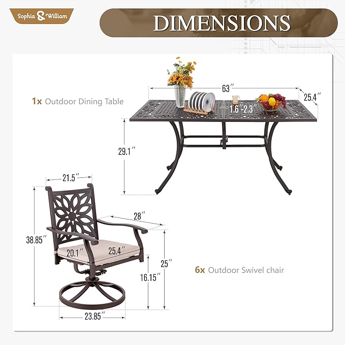 Sophia & William 7 Pieces Cast Aluminium Patio Dining Set for 6 - Photo 6