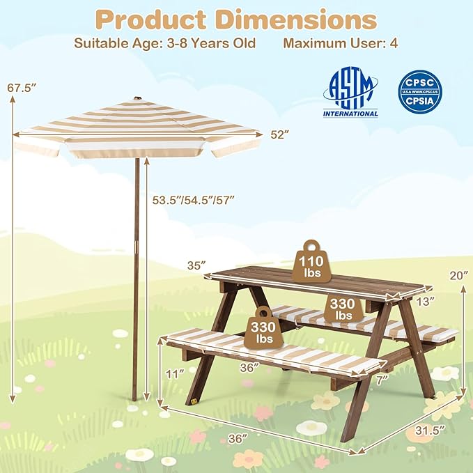 Costzon Kids Picnic Table, Wooden Toddler Outdoor Table & Bench Set with Removable Umbrella & Cushions, Stripe Fabric, Kids Outdoor Furniture for Patio Backyard Garden, Fits 4 Children Age 3+ (Coffee)