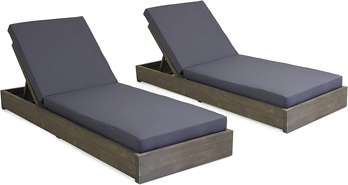 Abraham Outdoor Acacia Wood Chaise Lounge with Cushion (Set of 2), Gray and Dark Gray