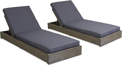 Abraham Outdoor Acacia Wood Chaise Lounge with Cushion (Set of 2), Gray and Dark Gray