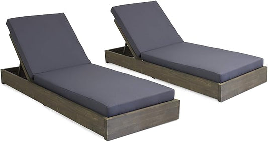 Abraham Outdoor Acacia Wood Chaise Lounge with Cushion (Set of 2), Gray and Dark Gray
