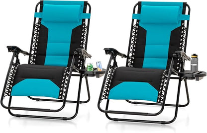 MAISON ARTS Oversized Zero Gravity Chairs Set of 2, Folding Padded Recliner Anti Gravity Lounge Chair with 28" Wide Seat and Cup Holder, Support 400lbs, Aqua