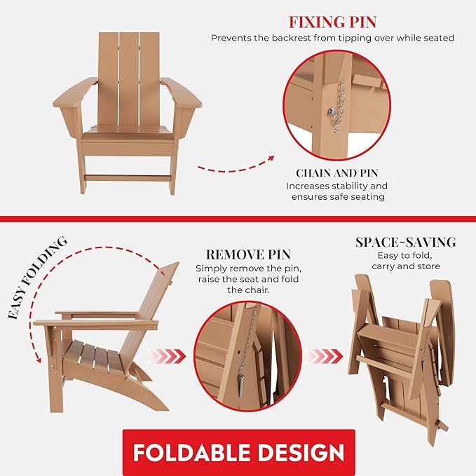 Costaelm Folding Adirondack Chairs, Outdoor Patio Adjustable Lawn Chairs, Weather Resistant Outside Firepit Chairs for Porch, Poolside, Garden, Backyard Deck, Teak