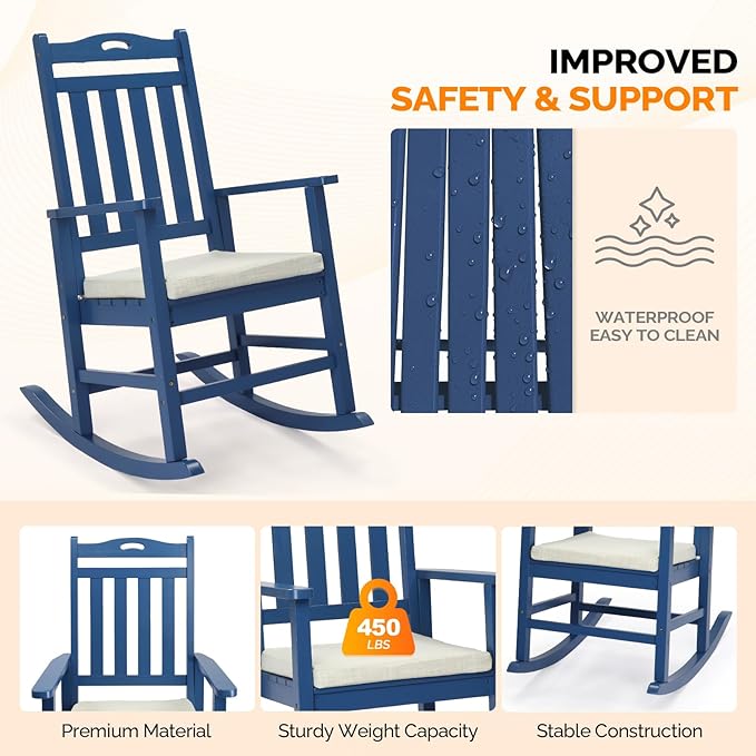 VINGLI Outdoor Rocking Chair, Heavy Duty 450 lbs Poplar Wooden Rocking Chair with High Backrest Design, Come with a Cushion, All-Weather Lounge Rocker Support for Garden, Deck (Navy Blue, 2 PCS)