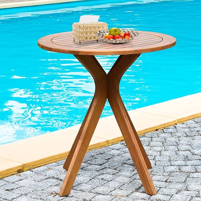 Eucalyptus Wood Round Table, Outdoor Patio Coffee Table, 27.5" x 27.5" x 30", Brown