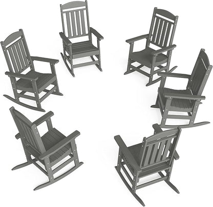 FOOWIN Outdoor Rocking Chair Set of 6, High Back Patio Rocking Chair, HDPE All Weather Resistant Porch Rocker for Adult, Oversized Rocking Chairs for Garden, Lawn, Indoor & Outdoor Use, Grey