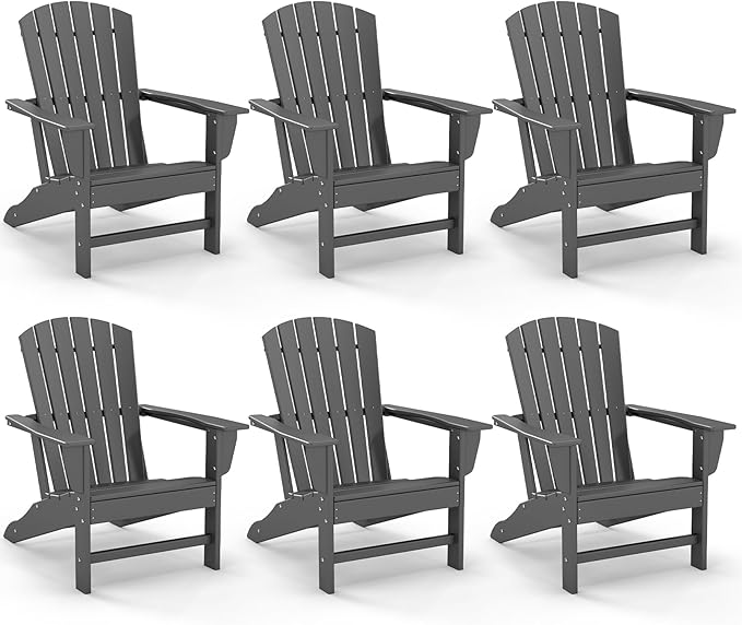 GREENVINES Adirondack Chairs Set of 6 | HDPE Plastic | Oversized Fire Pit Chair | All Weather | Grey | Poly Lumber | for Outdoor Deck Backyard Patio Garden