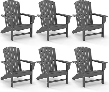 GREENVINES Adirondack Chairs Set of 6 | HDPE Plastic | Oversized Fire Pit Chair | All Weather | Grey | Poly Lumber | for Outdoor Deck Backyard Patio Garden