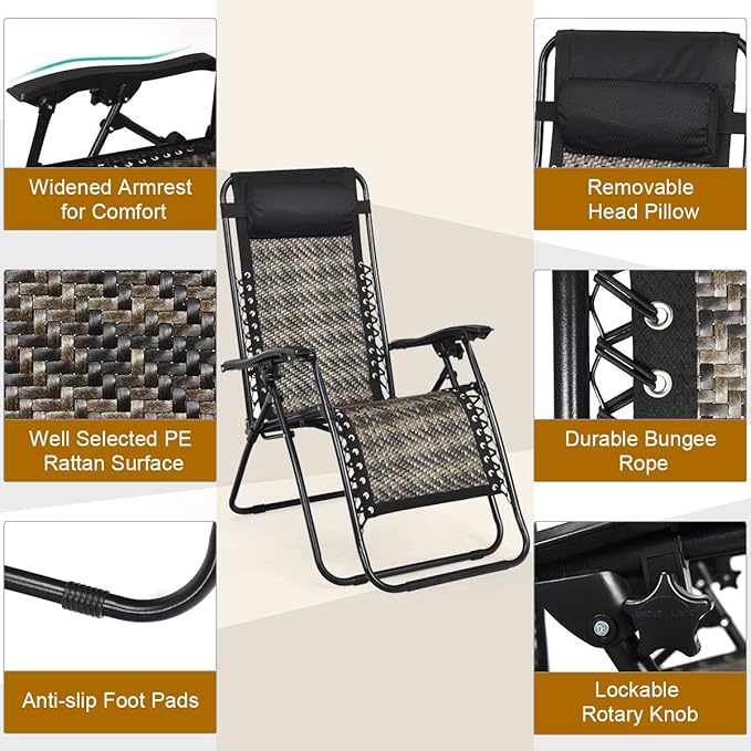 Tangkula Patio Rattan Zero Gravity Lounge Chair, Outdoor Folding Lounge Chair w/Removable Head Pillow - Photo 7