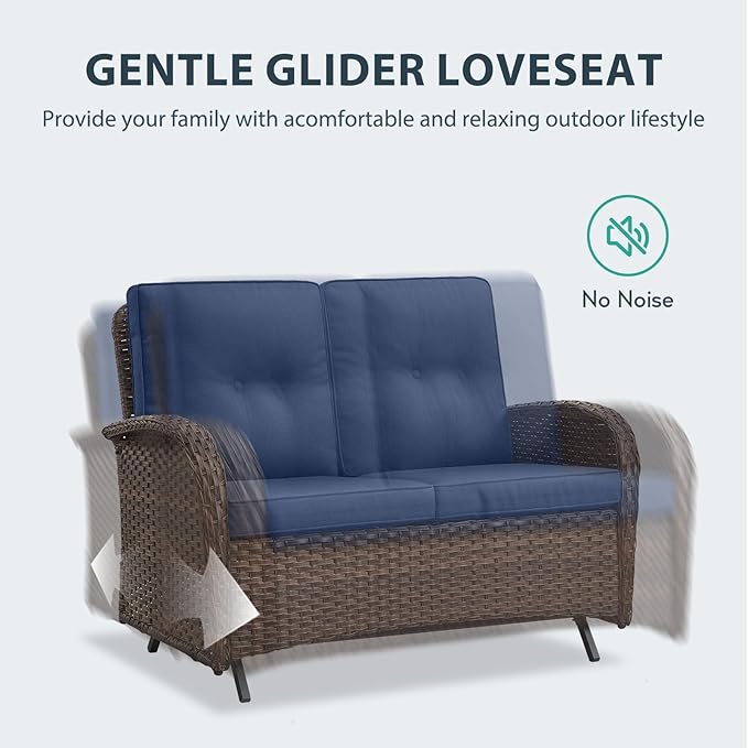 Patio Rocking Chair - 6 Peices Outdoor Wicker Rocker Porch Chair Set with A Rocking Loveseat, Tempered Glass Side Table, and 2 Ottoman, Rattan Seating for Balcony Garden Brown/Blue