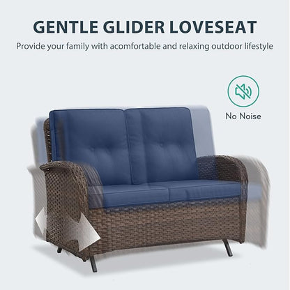 Patio Rocking Chair - 6 Peices Outdoor Wicker Rocker Porch Chair Set with A Rocking Loveseat, Tempered Glass Side Table, and 2 Ottoman, Rattan Seating for Balcony Garden Brown/Blue