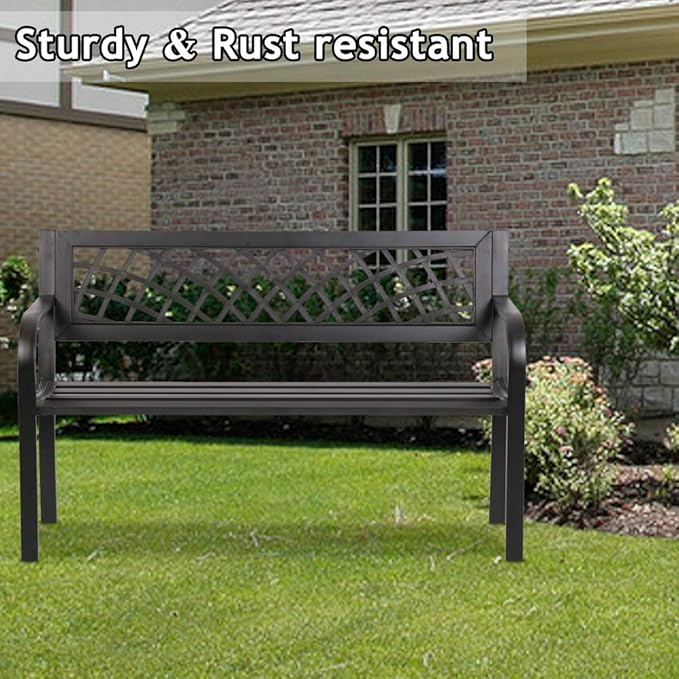 Anti-Rust Metal Bench Garden Bench with Back Porch Benches for Outdoor Cast Iron Steel Frame Chair Waterproof,Black, 480 lbs, 45 inches x21.7 inches x30 inches (LxWxH)