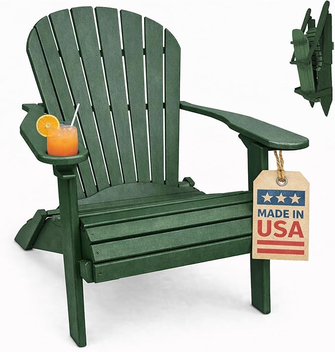 Ecommersify Folding Adirondack Chair with Cup Holder - (Turf Green) - Heavy Duty Recycled Poly Lumber Folding Chair - Amish Crafted Outdoor Furniture - Made in USA