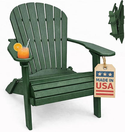 Ecommersify Folding Adirondack Chair with Cup Holder - (Turf Green) - Heavy Duty Recycled Poly Lumber Folding Chair - Amish Crafted Outdoor Furniture - Made in USA