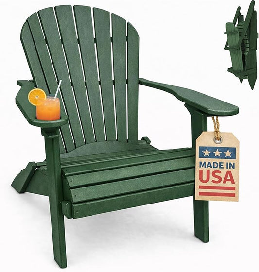 Ecommersify Folding Adirondack Chair with Cup Holder - (Turf Green) - Heavy Duty Recycled Poly Lumber Folding Chair - Amish Crafted Outdoor Furniture - Made in USA