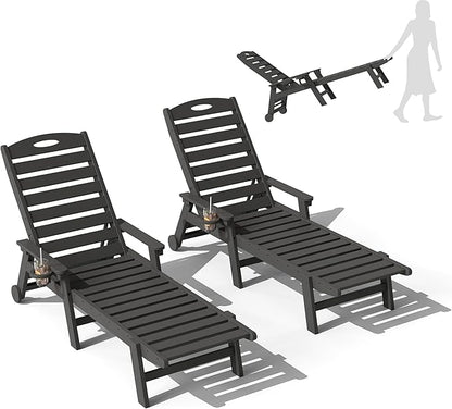 Domi Outdoor Chaise Lounge Chairs Set of 2, HDPE All-Weather Pool Loungers with 5-Position Adjustable Reclining Backrest & Rolling Wheels for Poolside Sunbathing Tanning, Grey