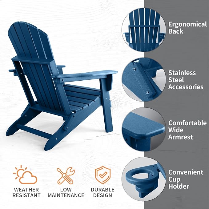 FUNBERRY Folding Adirondack Chair, HDPE All Weather Fire Pit Chairs with Cup Holder for Outdoor