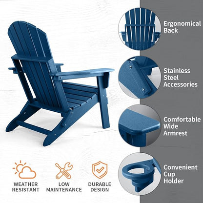 FUNBERRY Folding Adirondack Chair, HDPE All Weather Fire Pit Chairs with Cup Holder for Outdoor