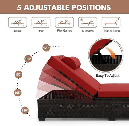 2-Piece Outdoor PE Wicker Chaise Lounge Chairs, Adjustable Reclining Patio Rattan Loungers with Cushions, Foldable Side Table & Head Pillow, All-Weather Pool Lounge Set for Garden, Deck, or Beach