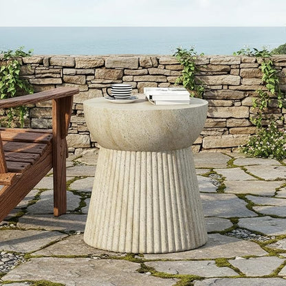 Outdoor Side Table Faux Marble End Table Faux Stone Concrete Side Tables Travertine Small Coffee Tables for Indoor Outdoor, Garden Stool Plant Stand for Porch, Backyard Patio,Drum