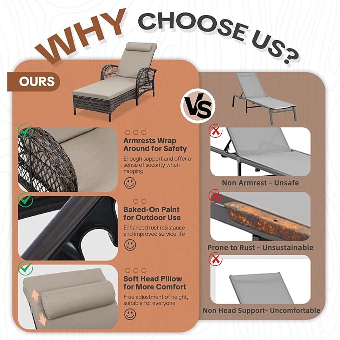 HOMEDIARY Outdoor Wicker Lounge Chair Set, 6-Position Adjustable Patio Chaise Lounge w/Side Table, All Weather Lay Flat Pool Sunbathing Recliner, Armrest & Head Pillow, Fade-Resistant, Beige