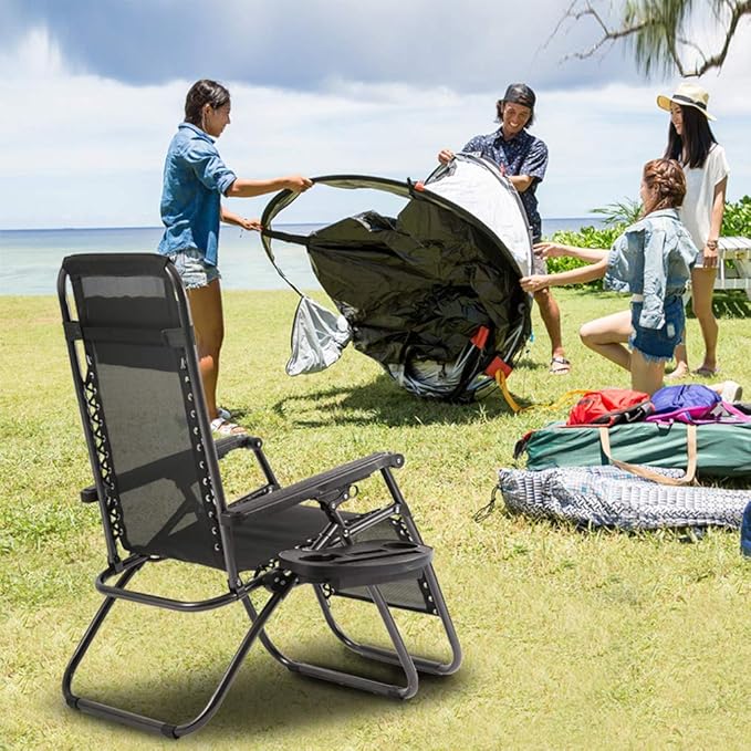 FDW Zero Gravity Chairs Set of 2 Black Lounge Patio Chairs Outdoor Yard Beach with Cup Holders, Black - Photo 2