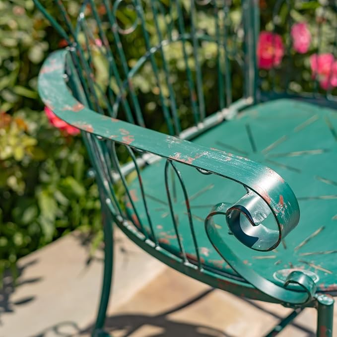 Zaer Ltd. Vintage Style Metal Patio Furniture with Heart Design Accents, Outdoor/Indoor Decor (Antique Green, Arm Chair) - Photo 3
