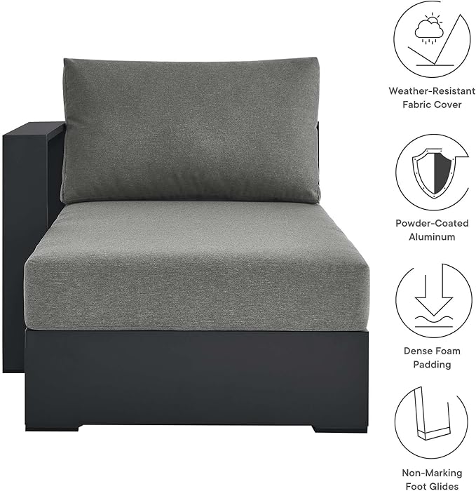 Modway Tahoe Aluminum Outdoor Chaise Lounge in Gray Charcoal with Weather-Resistant Cushions, Modular Left-Facing Patio Lounger for Pool Furniture or Sectional Sofa Set