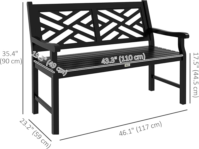 Outsunny Outdoor Garden Bench, Wooden Frame Patio Bench with Geometric Pattern, 43.25 Inch Weatherproof 2-Person Love Seat for Garden, Lawn, Porch, Yard, Work Entryway, Black