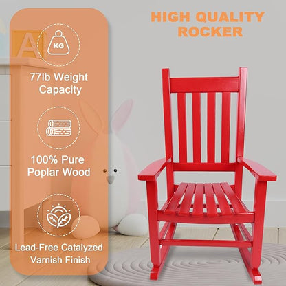 Kids Rocking Chair for Toddler and Children Comfy Recliner Wooden Rocker for Baby Girls Outdoor Lounge for Age 6-10 Indoor Anti-Tip Design Safe & Sturdy Red