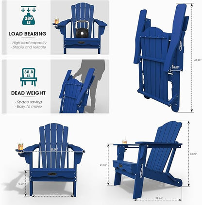 Folding Adirondack Chair,HDPE All-Weather Outdoor Chair with Cup Holder,Wooden Textured,Fire Pit Chair,Plastic Patio Chair for Deck,Backyard,Garden,Lawn(Navy Blue)