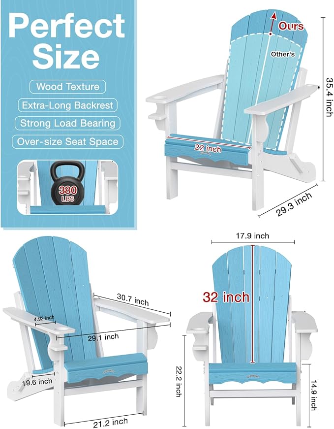 Folding Adirondack Chair –Recyclable HDPE Outdoor Adirondack Patio Chair with Cup Holder, Wood Texture & Umbrella Hole - Photo 2
