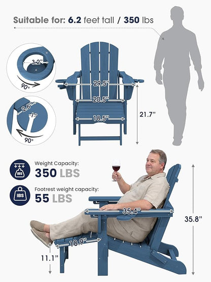 KINGYES Folding Adjustable Adirondack Chair with Retractable Ottoman, HDPE Recliner Adirondack Chair with Cup Holder, Blue