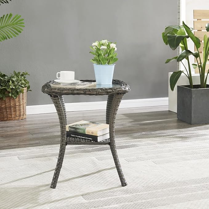 HUMMUH Patio Wicker Side Table Outdoor, Rattan End Table Glass Top Coffee Table with Storage Grey - Photo 2