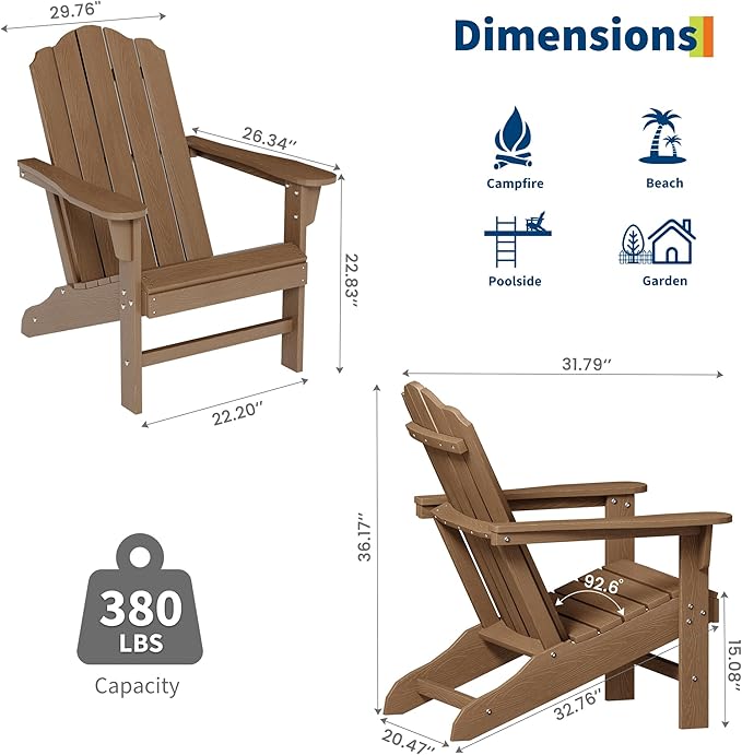 PeakPursuit HDPE Adirondack Chair for Patio, Wood Texture Lawn Chair, Outdoor Patio Furniture for Garden Backyard Deck
