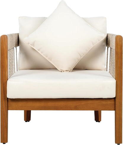 Christopher Knight Home Vinny Acacia Wood Patio Accent Chair, Wooden Lounge Chair Outdoor, Garden/Poolside Comfy Reading Chair with Handwoven Rope Accents and Removable Cushions, Natural+Beige