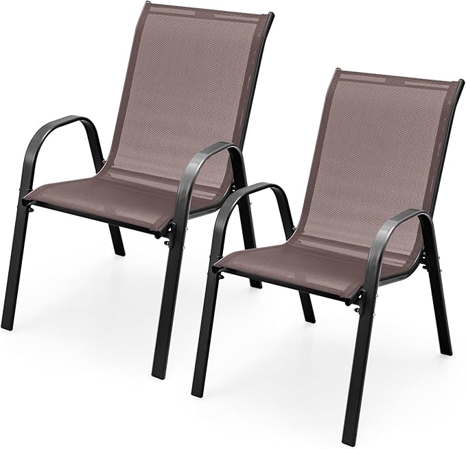COSTWAY Patio Dining Chairs Set of 2, Stackable Outdoor Chairs with Armrest and High Back, Breathable Fabric & Metal Frame Chair for Garden Poolside Backyard Deck (Brown)