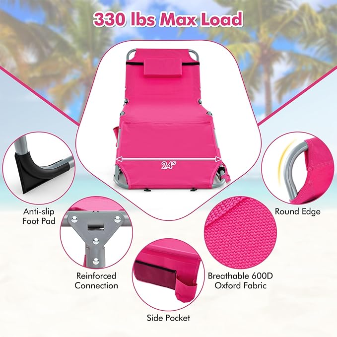 Goplus Tanning Chair, Folding Outdoor Beach Lounge Chair with Face & Arm Hole, Carrying Strap, Pillow - Photo 6