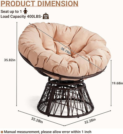 VINGLI Outdoor Papasan Chairs with Thick Cushions 360 Degree Swivel Chair, Patio Chairs Lounge Chair Rading Chair for Balcony, Yard, Porch (Brown)