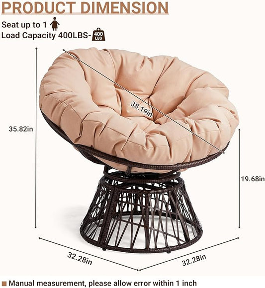 VINGLI Outdoor Papasan Chairs with Thick Cushions 360 Degree Swivel Chair, Patio Chairs Lounge Chair Rading Chair for Balcony, Yard, Porch (Brown)