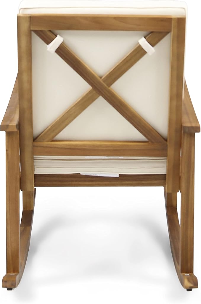 Outdoor Rocking Chair with Armrests and Cushions, Acacia Wood Structure, for Garden, Patio or Balcony, Teak - Photo 9