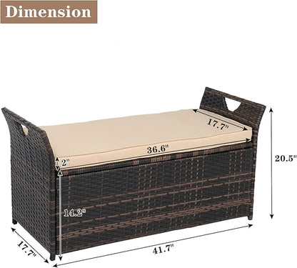 Outvita 40 Gallon Outdoor Storage Box, Patio Rattan Storage Bench with Cushion for Backyard, Balcony, Poolside, Garden, Brown
