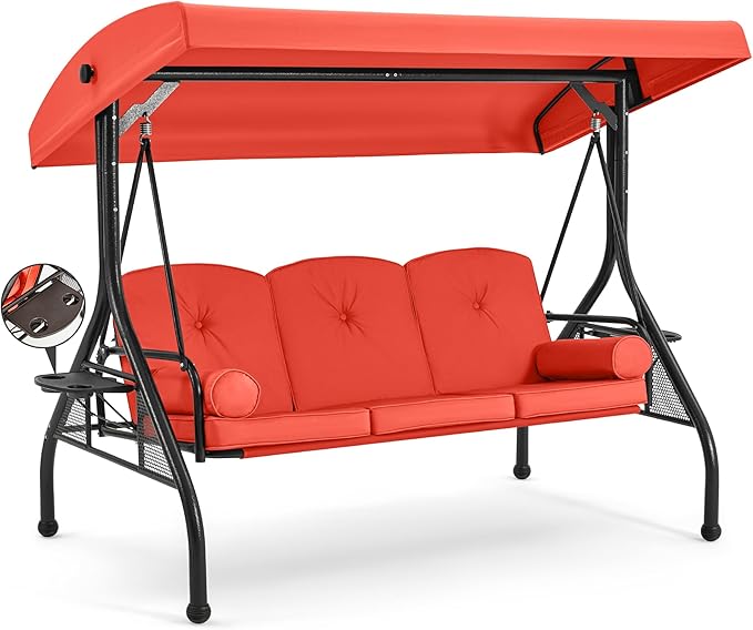 HOMREST 3 Seat Outdoor Porch Swing with Adjustable Canopy, Convertible Patio Swing Bed with Stand - Photo 1