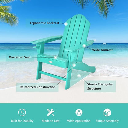 Tangkula Adirondack Chair Outdoor, Fade Resistant HDPE Armchairs with Cup Holder, Weather Resistant Lounger Chairs for Patio Garden Backyard Deck, Lawn Porch Seating, Adirondack Lounger (1, Turquoise)