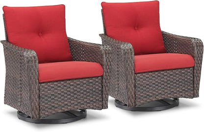 Rilyson Outdoor Patio Swivel Rocker Chairs - 2 PC Wicker Rattan Patio Rocker Glider Chair Set with High Back,Comfy Cushions and Deep Seating for Porch Deck Backyard Garden(Brown/Red)